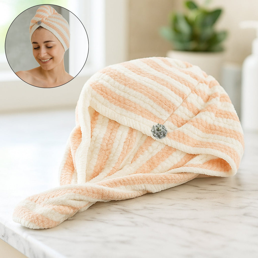 Soft microfiber hair drying towel wrap featuring teddy bear button for secure hold