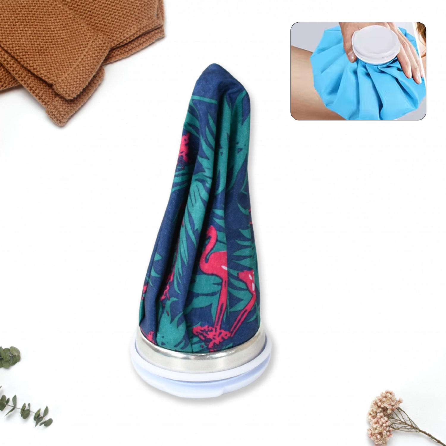 The compact ice bag demonstrating its portability for on-the-go muscle ache remedy.