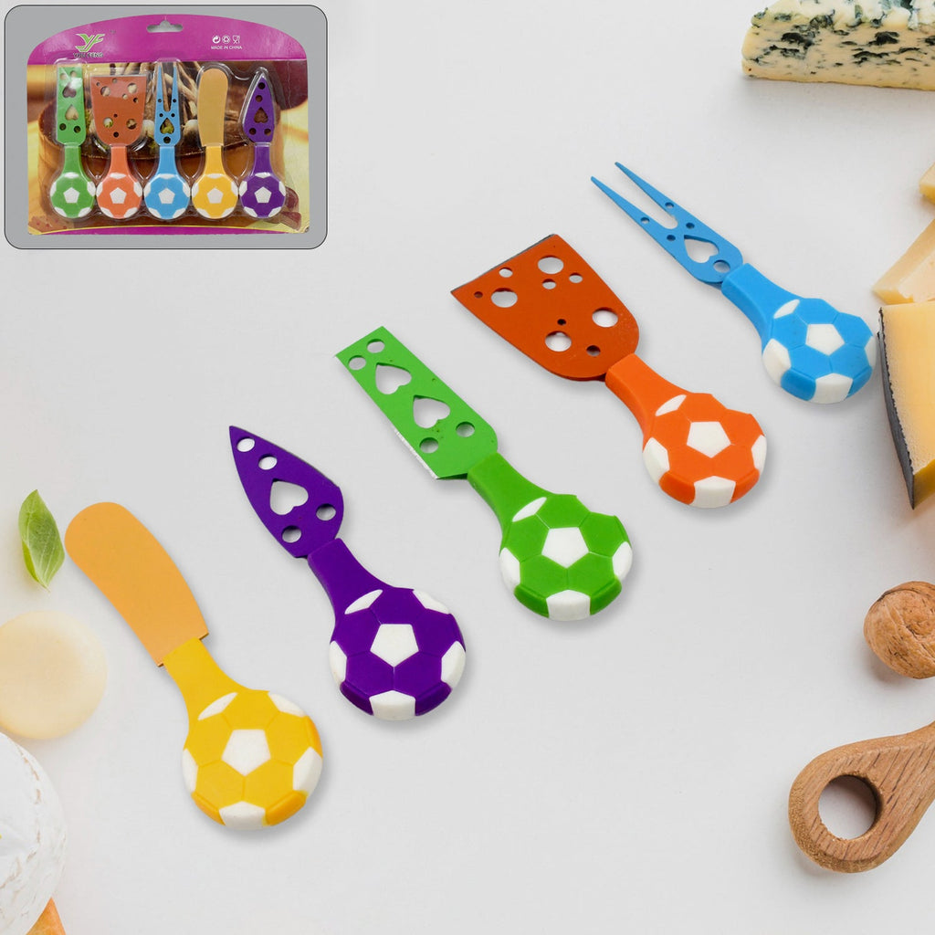 The complete soccer-themed cheese knife set arranged for display.