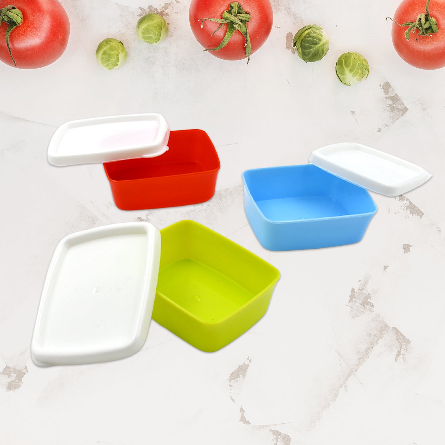 Vibrant 3-piece multicolor airtight food containers for kitchen storage.
