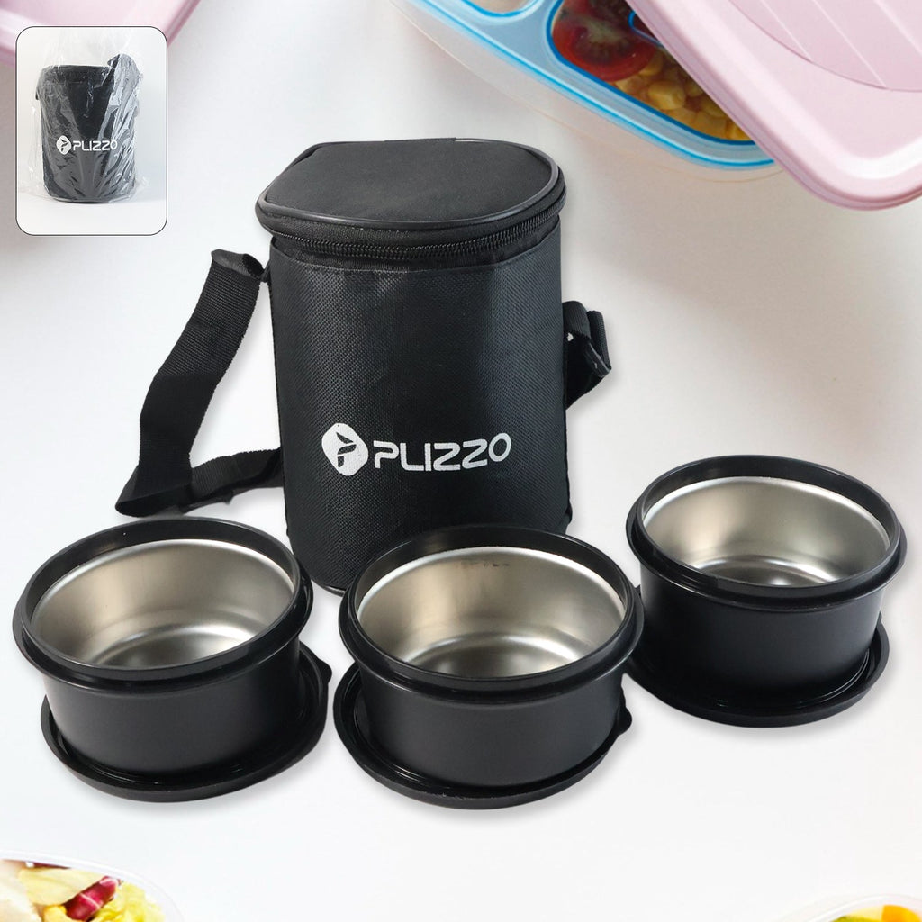 Insulated stainless steel tiffin lunch box set with three containers and carry bag