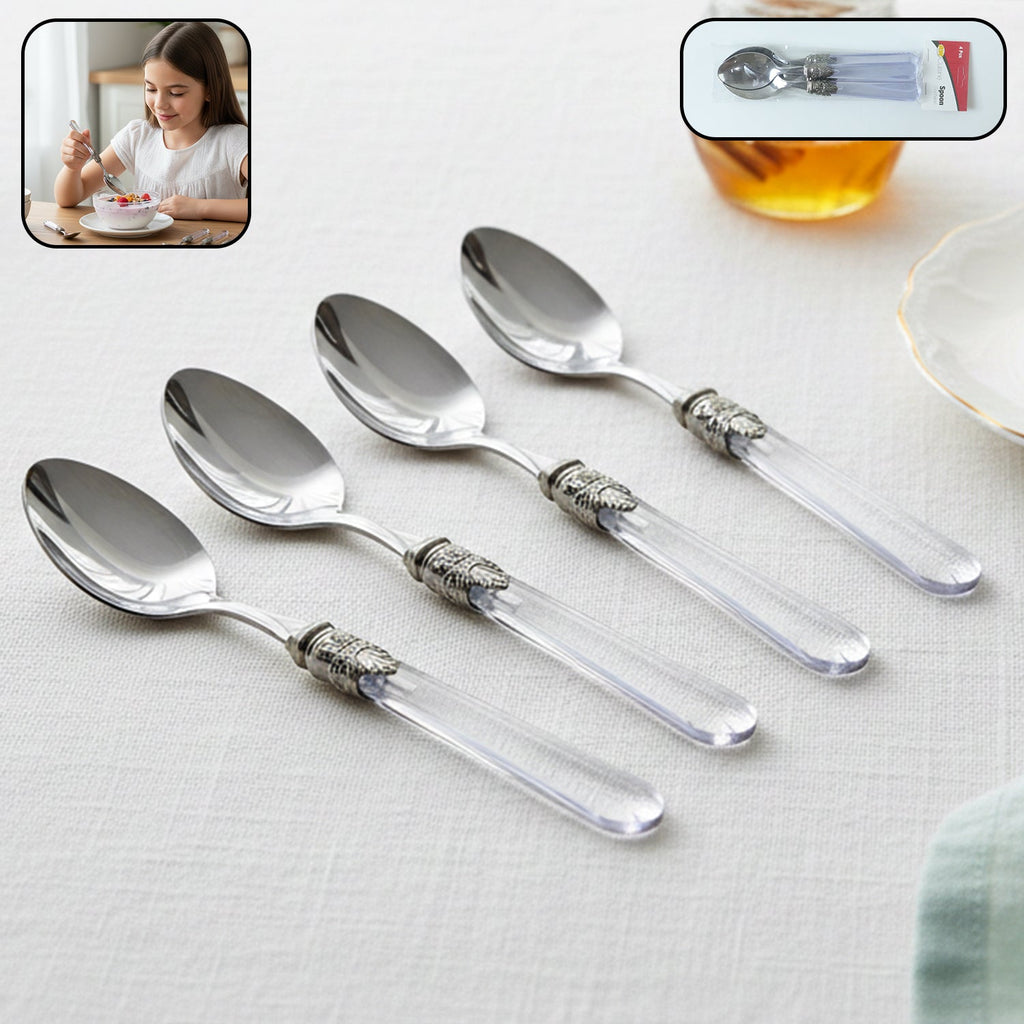 Elegant stainless steel dessert spoon set with transparent handles