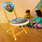 An angled view of the sturdy metal frame and colourful heart design children's chair.