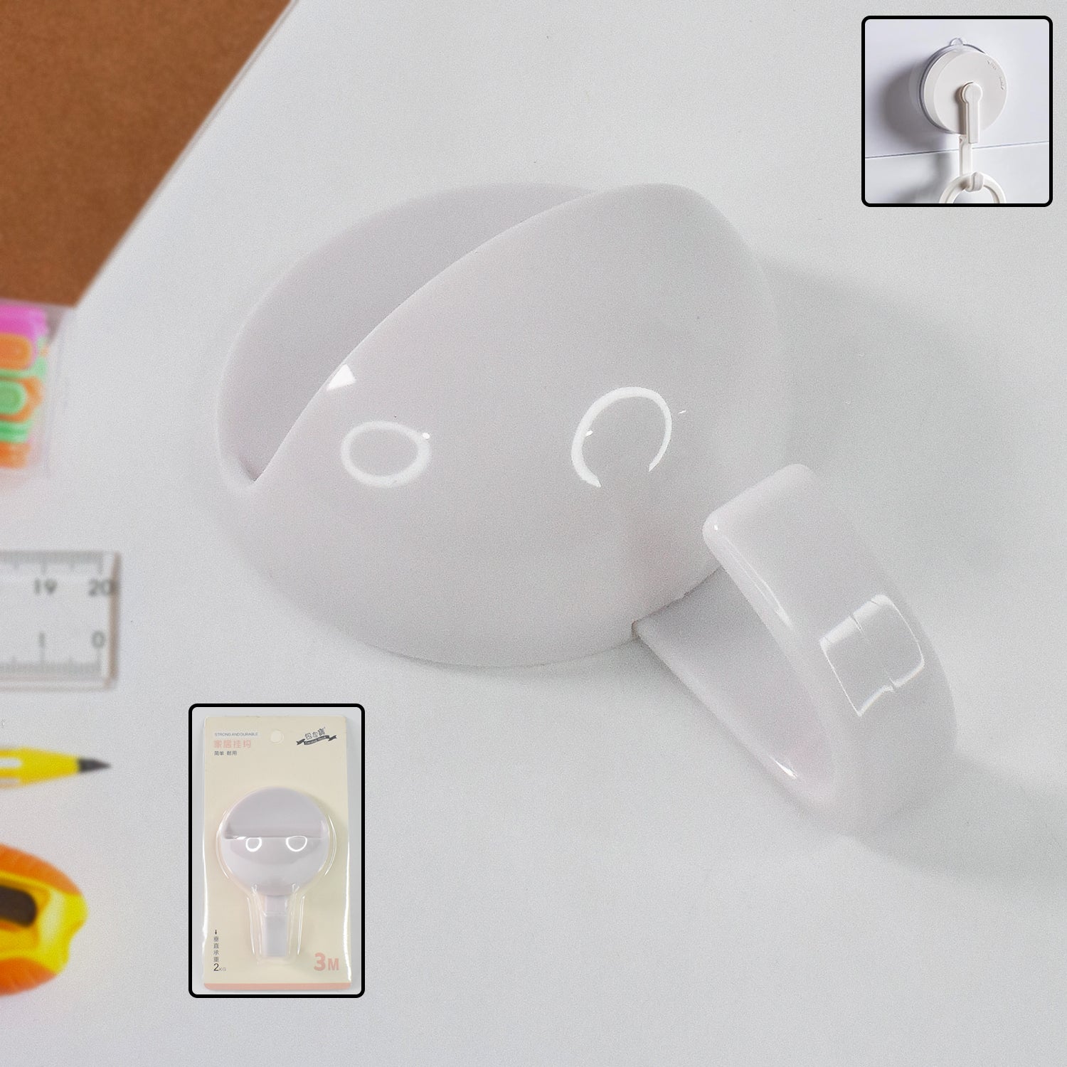 Self-adhesive strong wall hooks for heavy and multipurpose use on smooth surfaces.