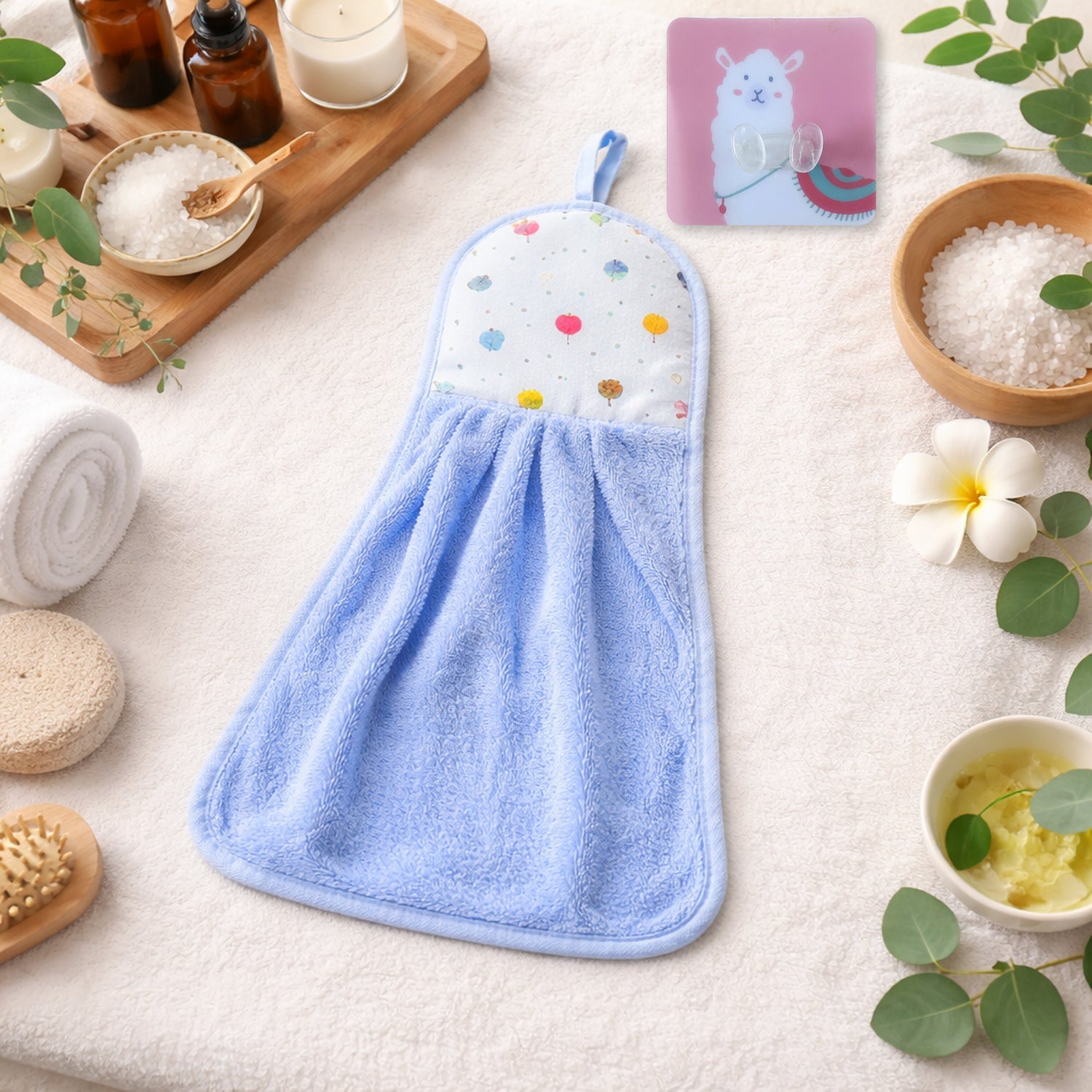 Soft microfiber hanging hand towel with self-adhesive wall hook neatly displayed