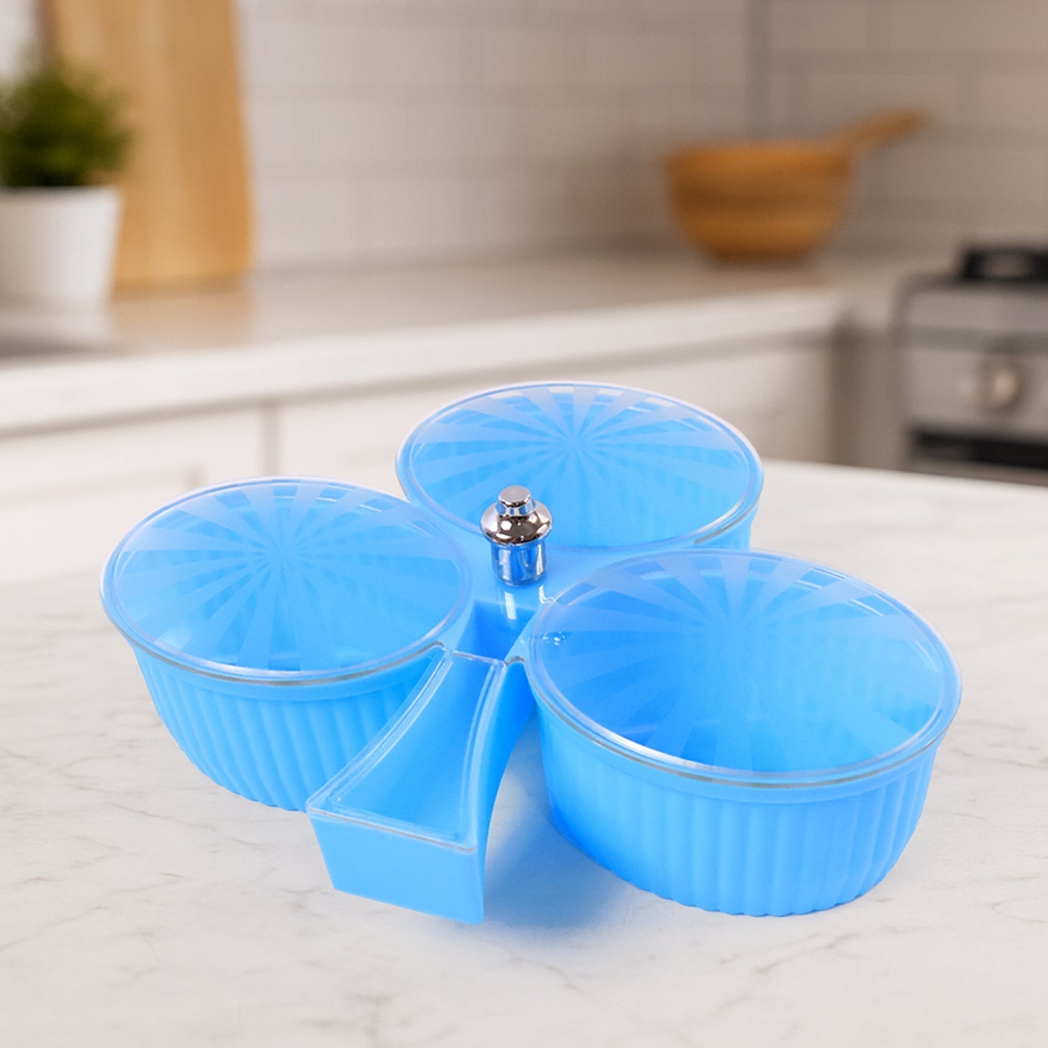 3-compartment revolving dry fruit box with handle in blue