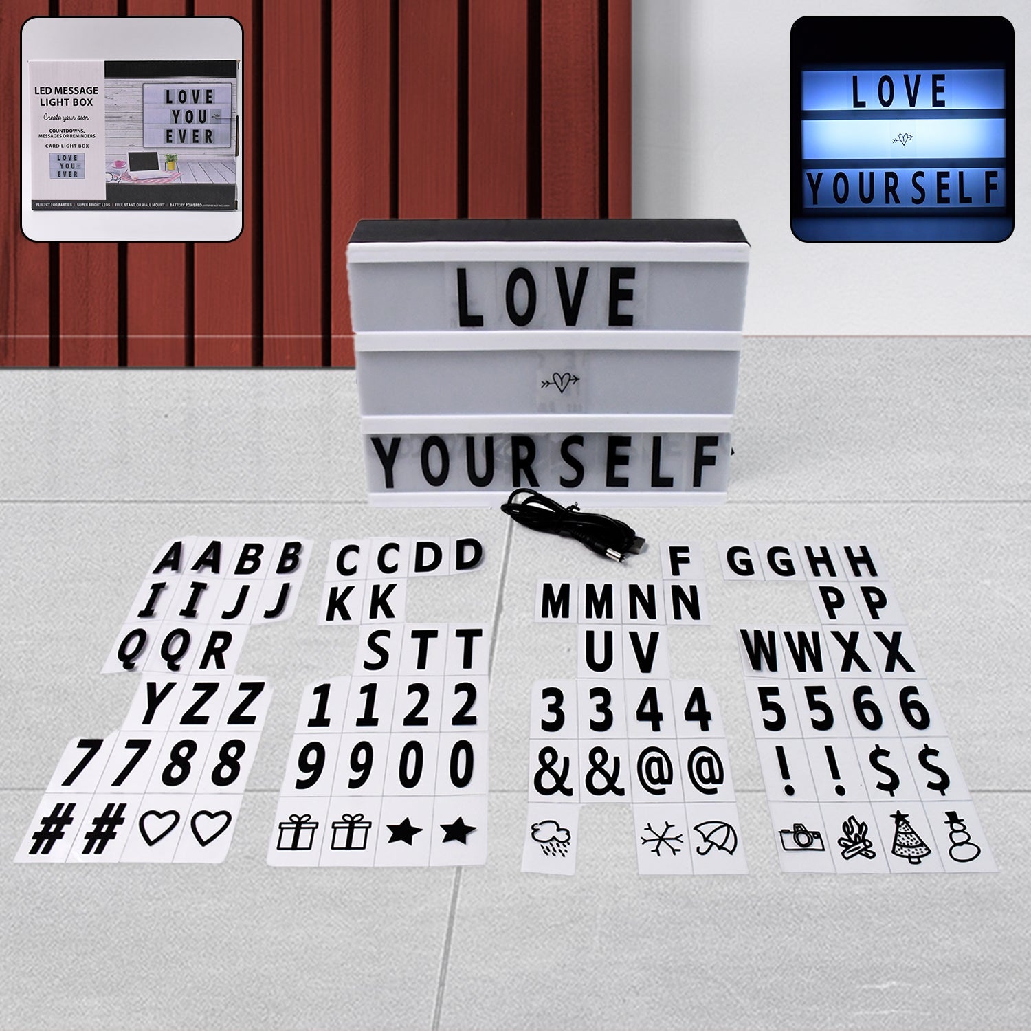 A compact A6 LED message board illuminating a personalized quote in a home setting.
