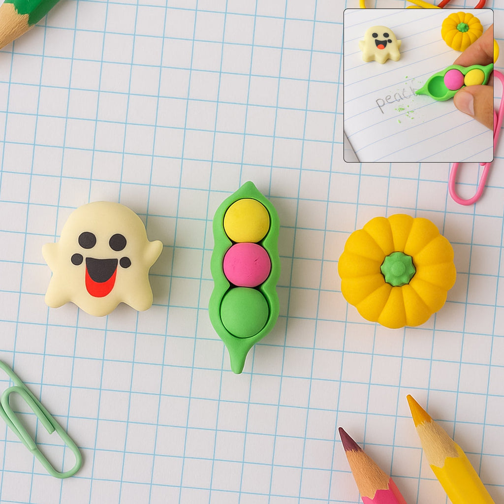 Collection of cute cartoon erasers in various 3D shapes like ghost, pea pod, and pumpkin.