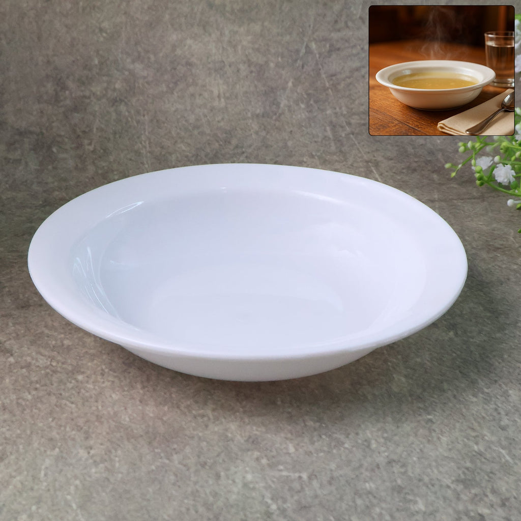 Deep round white curry bowl with glossy finish on white background