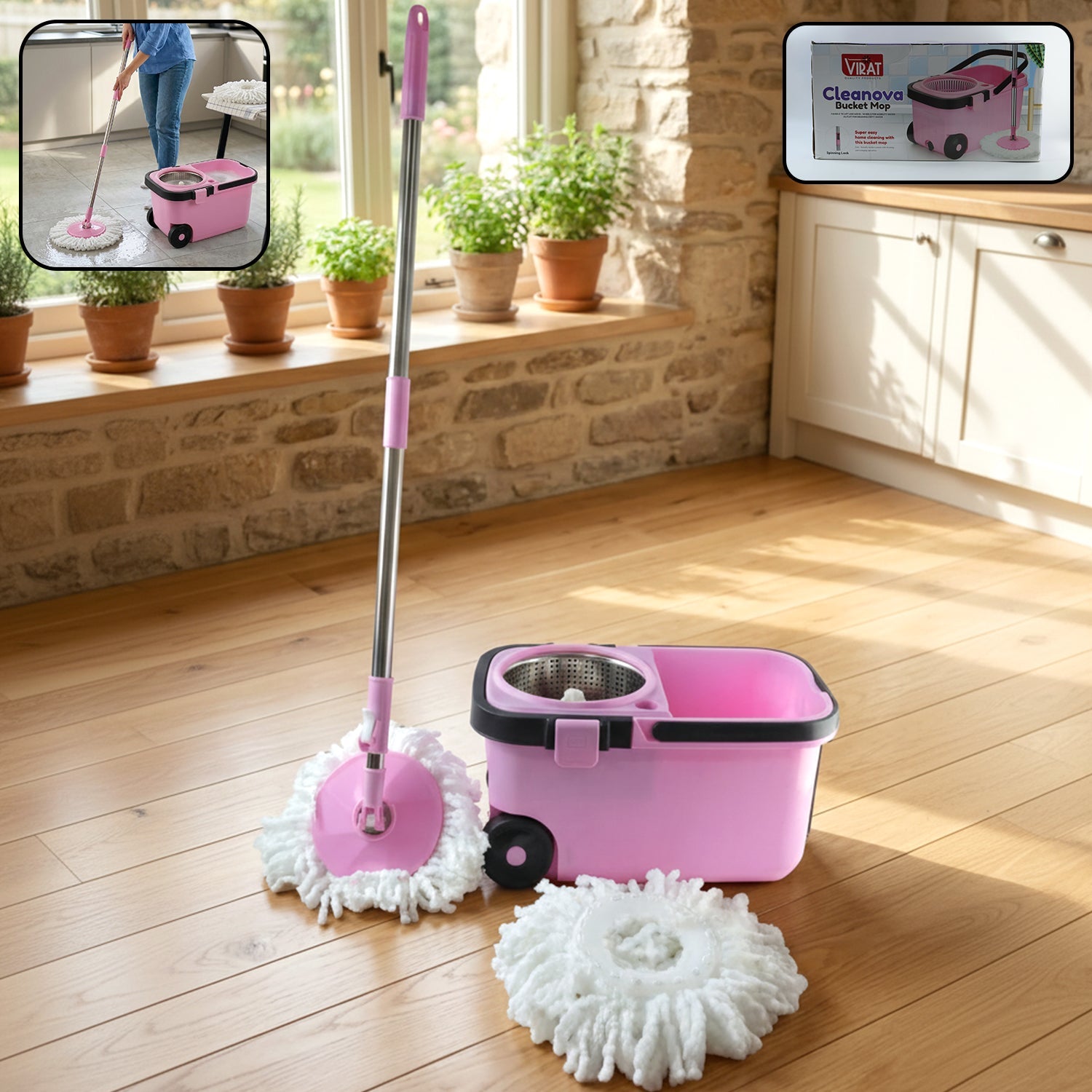 Full view of the Velvet Wipe Quick Spin Mop and bucket with easy wheels.