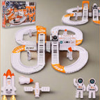 Kids playing with a vibrant Space Race Track Set and astronaut figures.