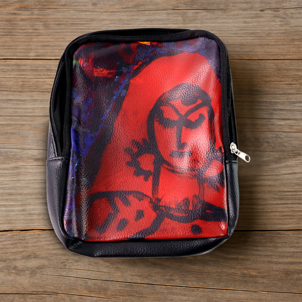 Multipurpose zipper pouch featuring handcrafted traditional art print on faux leather