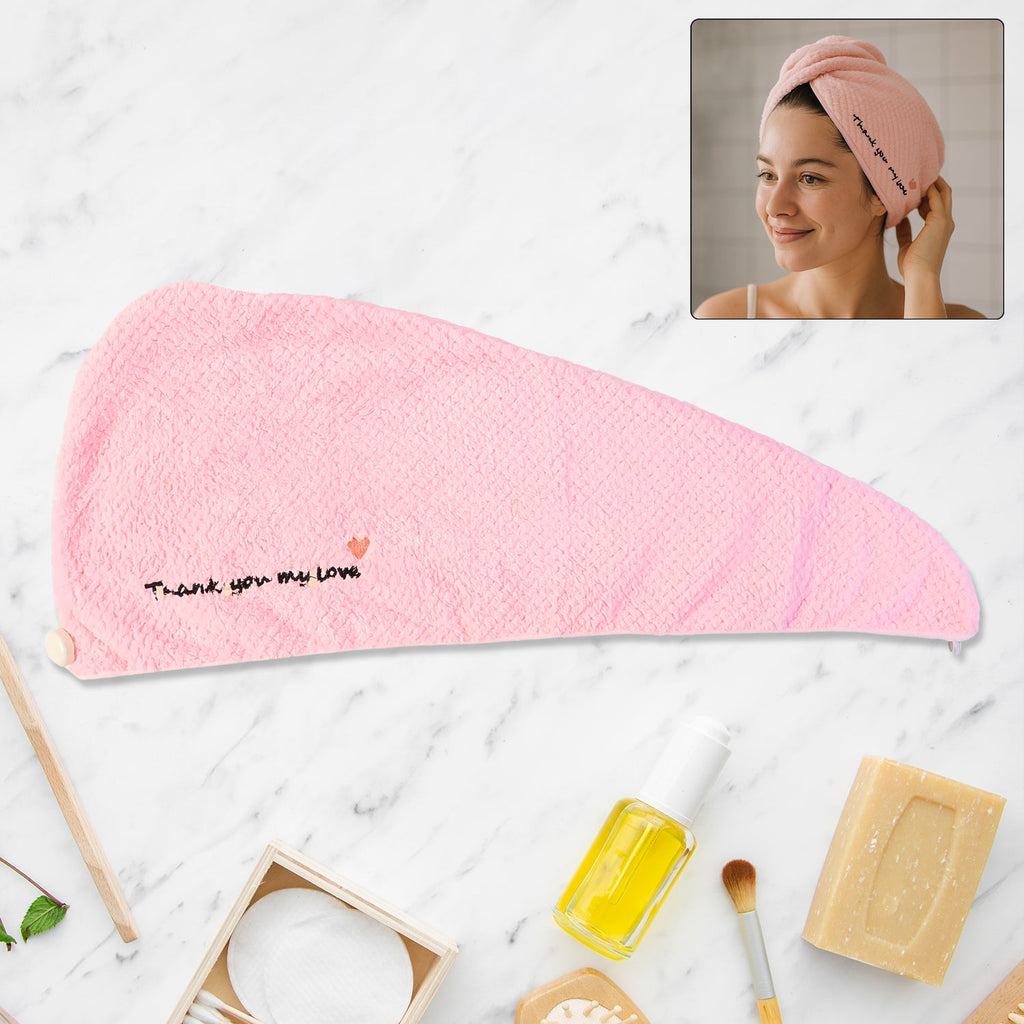 Microfiber hair drying towel wrap with button lock neatly folded