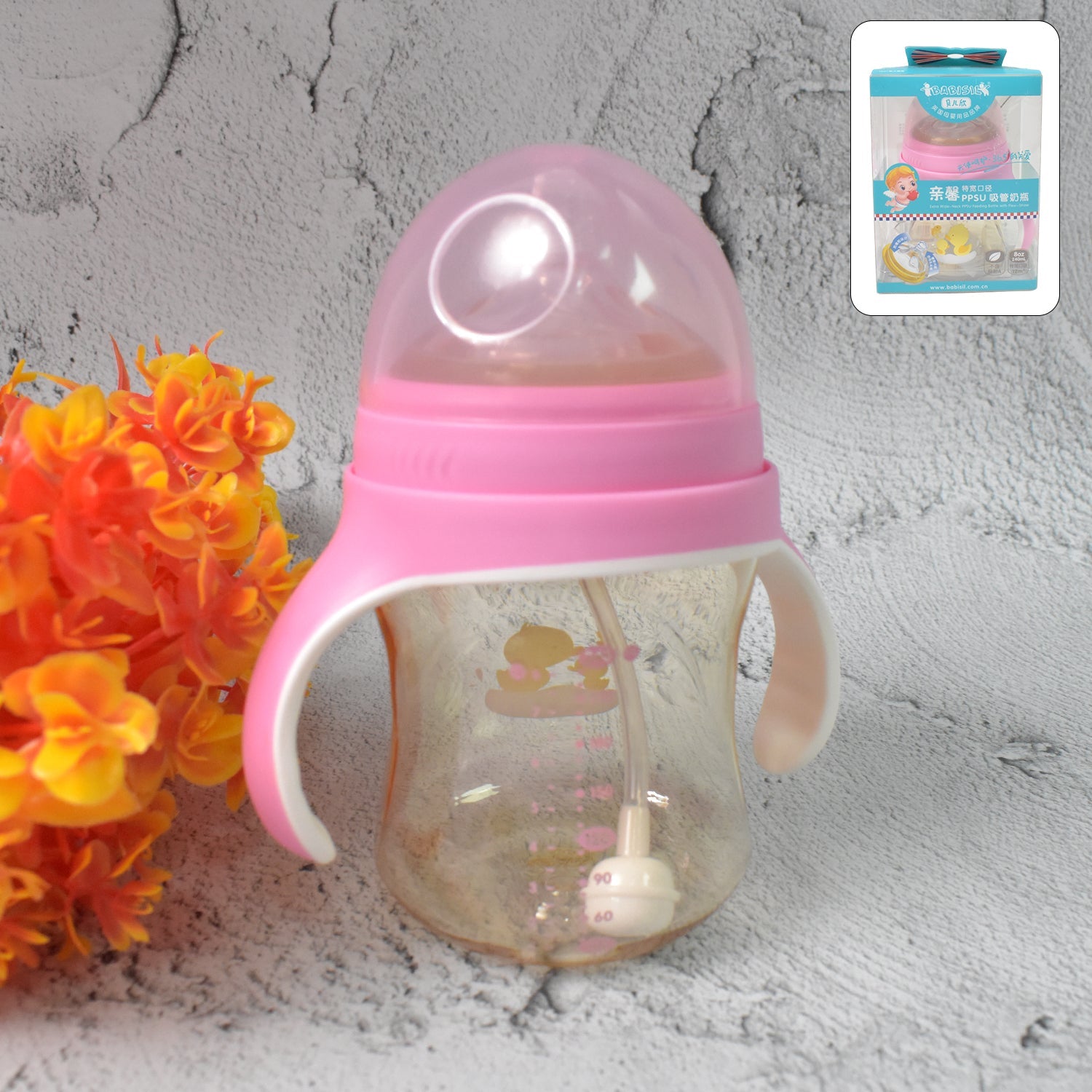 Feedora 240ml baby feeding bottle with ergonomic handles and accessories.