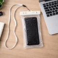 White waterproof phone pouch bag designed for beach use with clear view