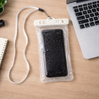 White waterproof phone pouch bag designed for beach use with clear view