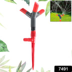 Side view of the efficient 3 arm rotating garden sprinkler with nozzles.