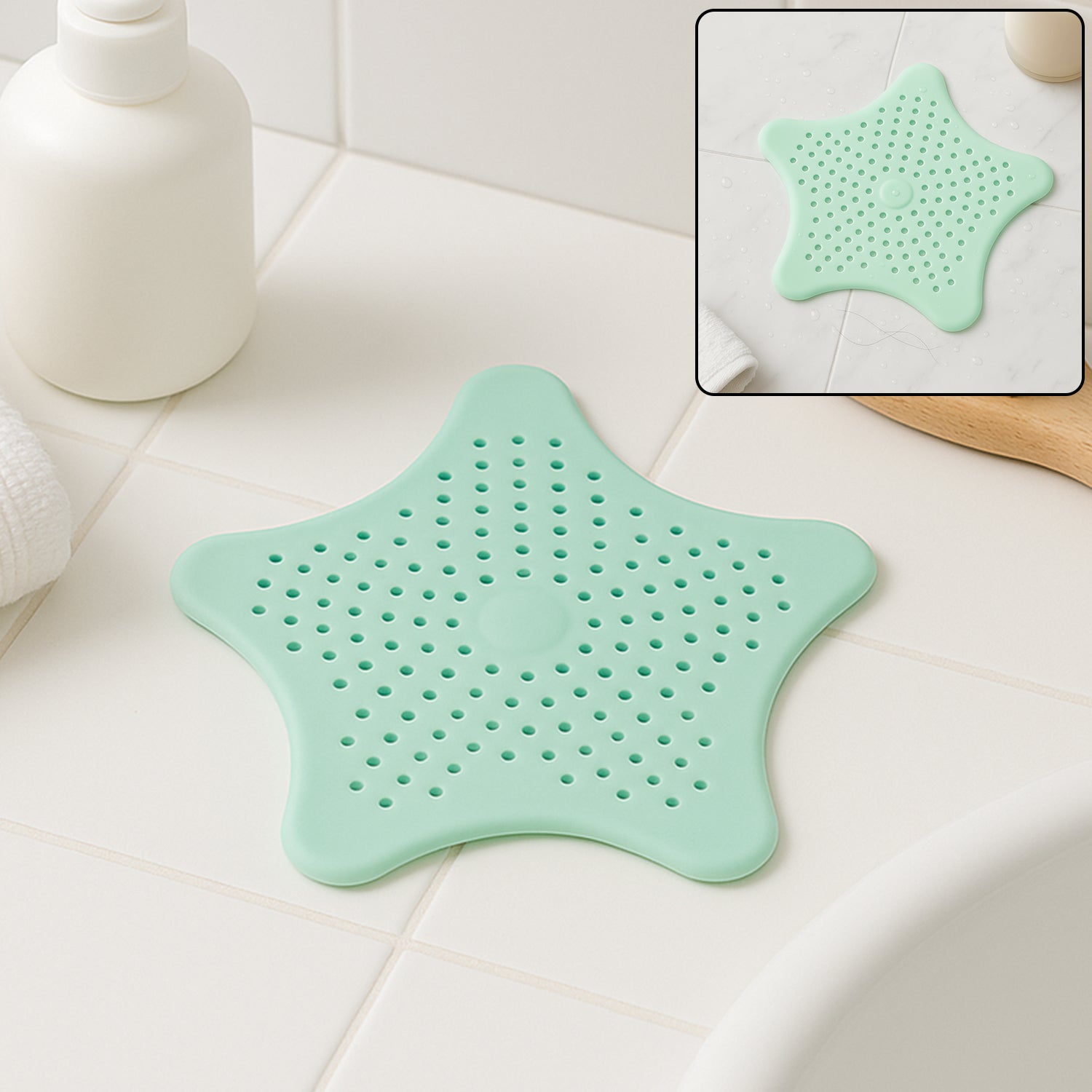 Mint green silicone star shaped sink strainer placed on bathroom sink drain