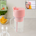 Portable USB rechargeable juicer with handle and straw for on-the-go use.