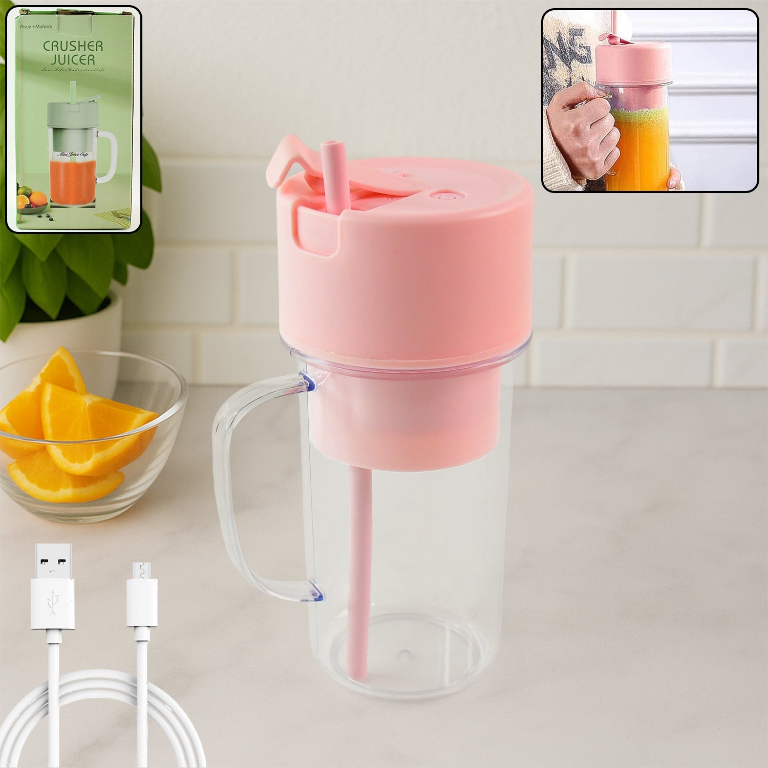 Portable USB rechargeable juicer with handle and straw for on-the-go use.