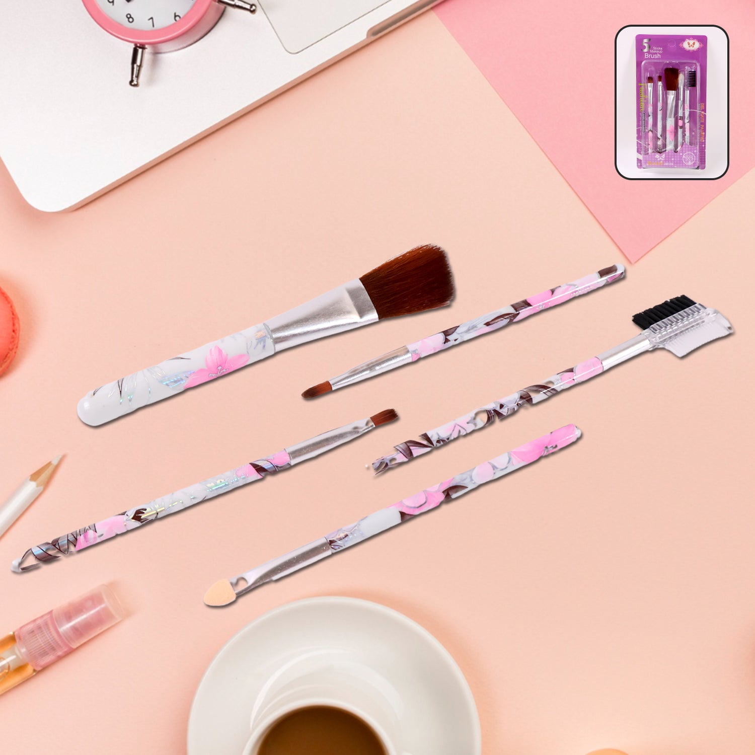 5-piece floral makeup brush set for face, eyes, and lips