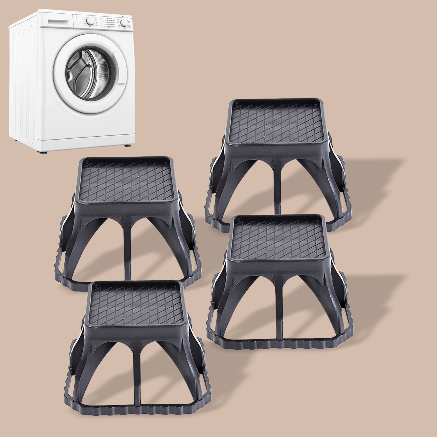 Multi-purpose plastic washing machine stand set showing sturdy square bases