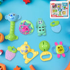 Vibrant 8-piece non-toxic Baby Rattle & Teething Set displayed