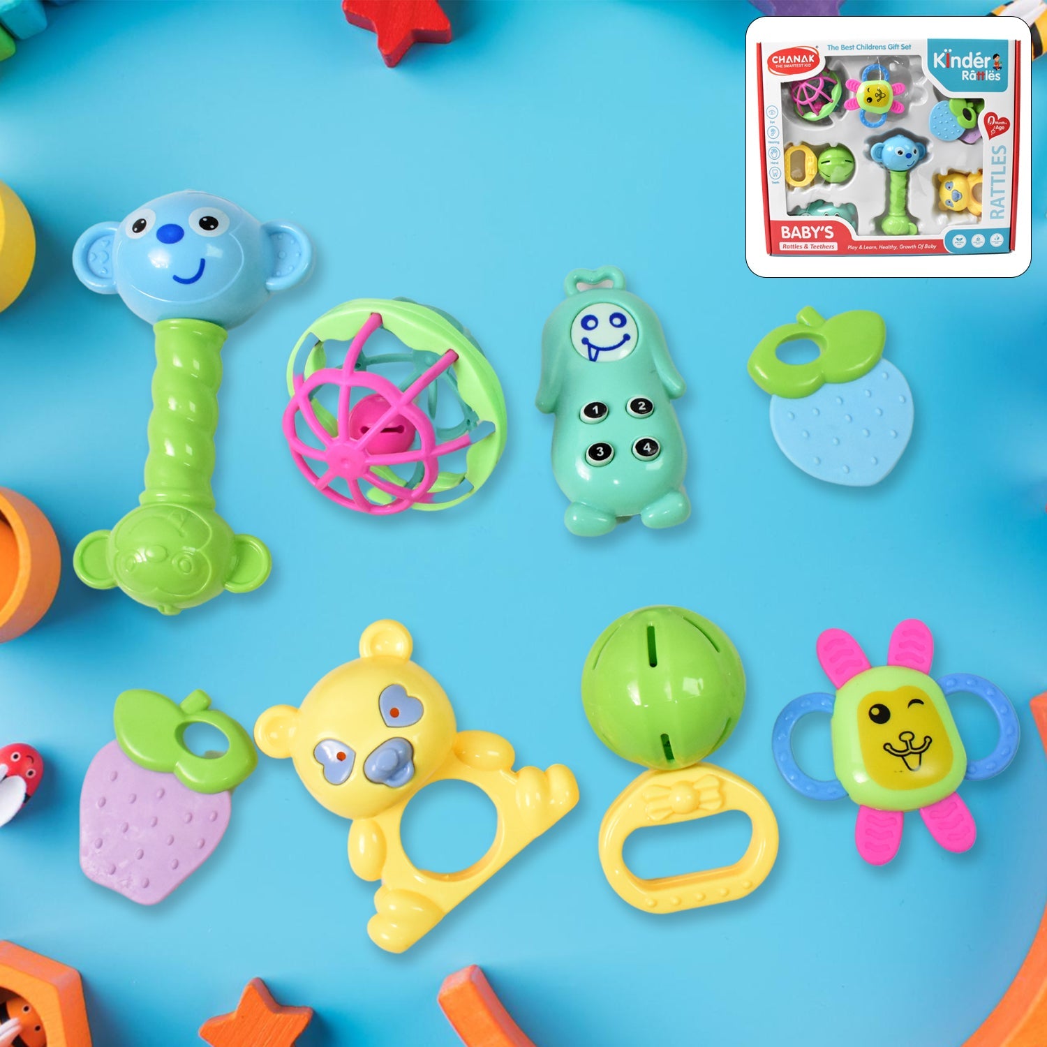 Vibrant 8-piece non-toxic Baby Rattle & Teething Set displayed