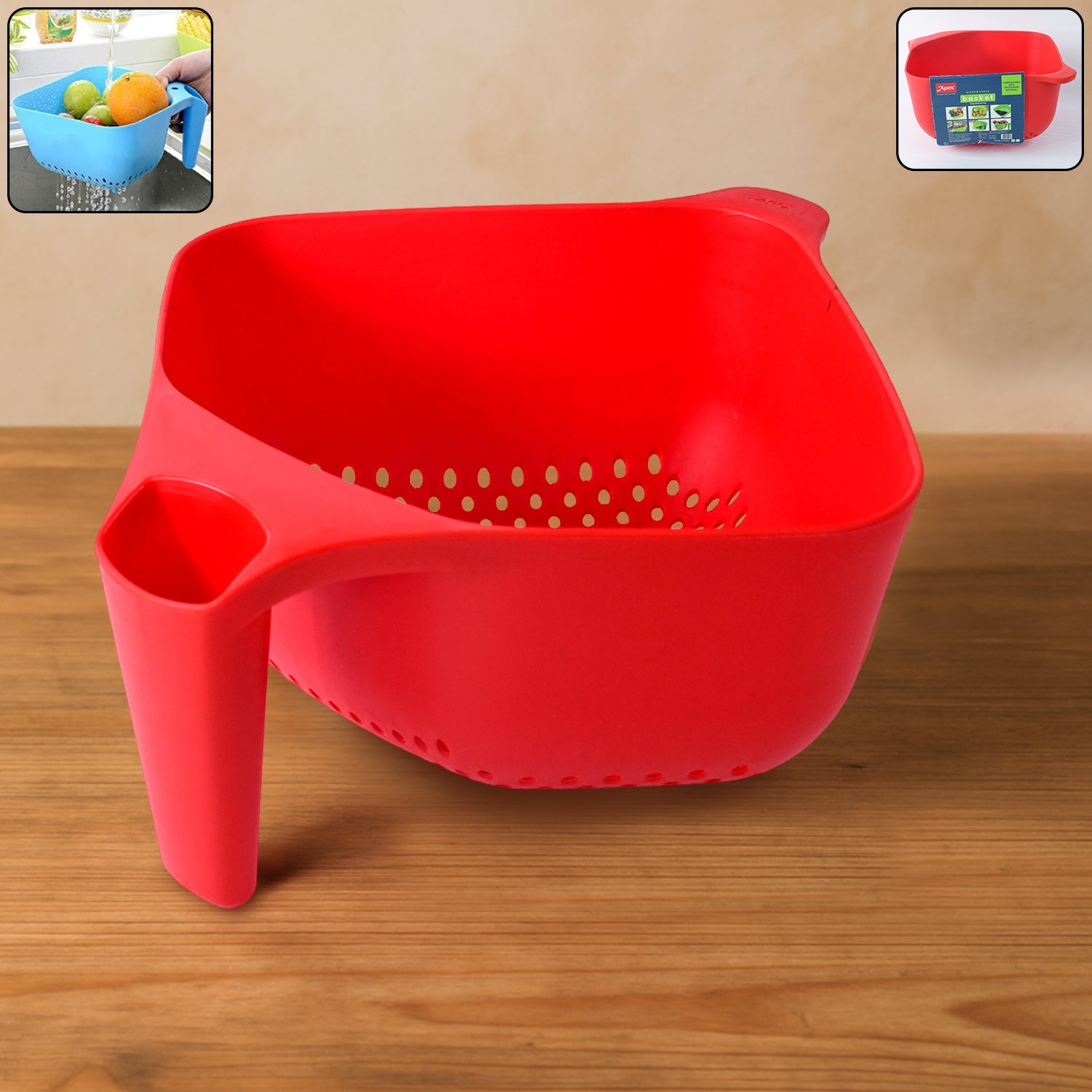 Plastic strainer bowl with ergonomic handle for easy washing and draining