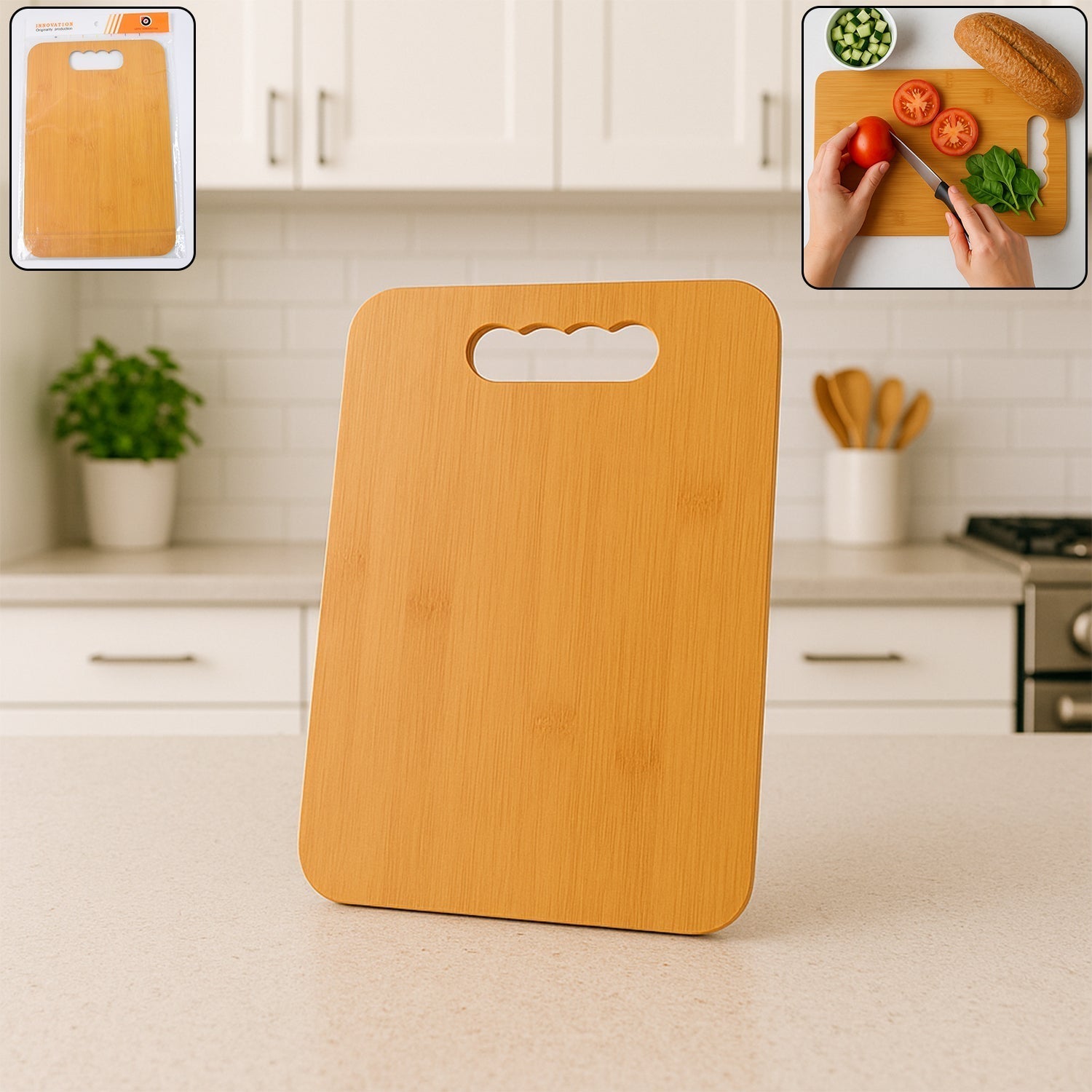 Wooden chopping board with smooth natural surface ideal for vegetable cutting