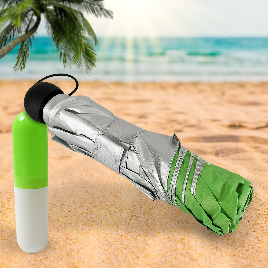 Underside view of the open foldable UV umbrella, showing its strong ribs.