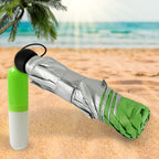 Underside view of the open foldable UV umbrella, showing its strong ribs.