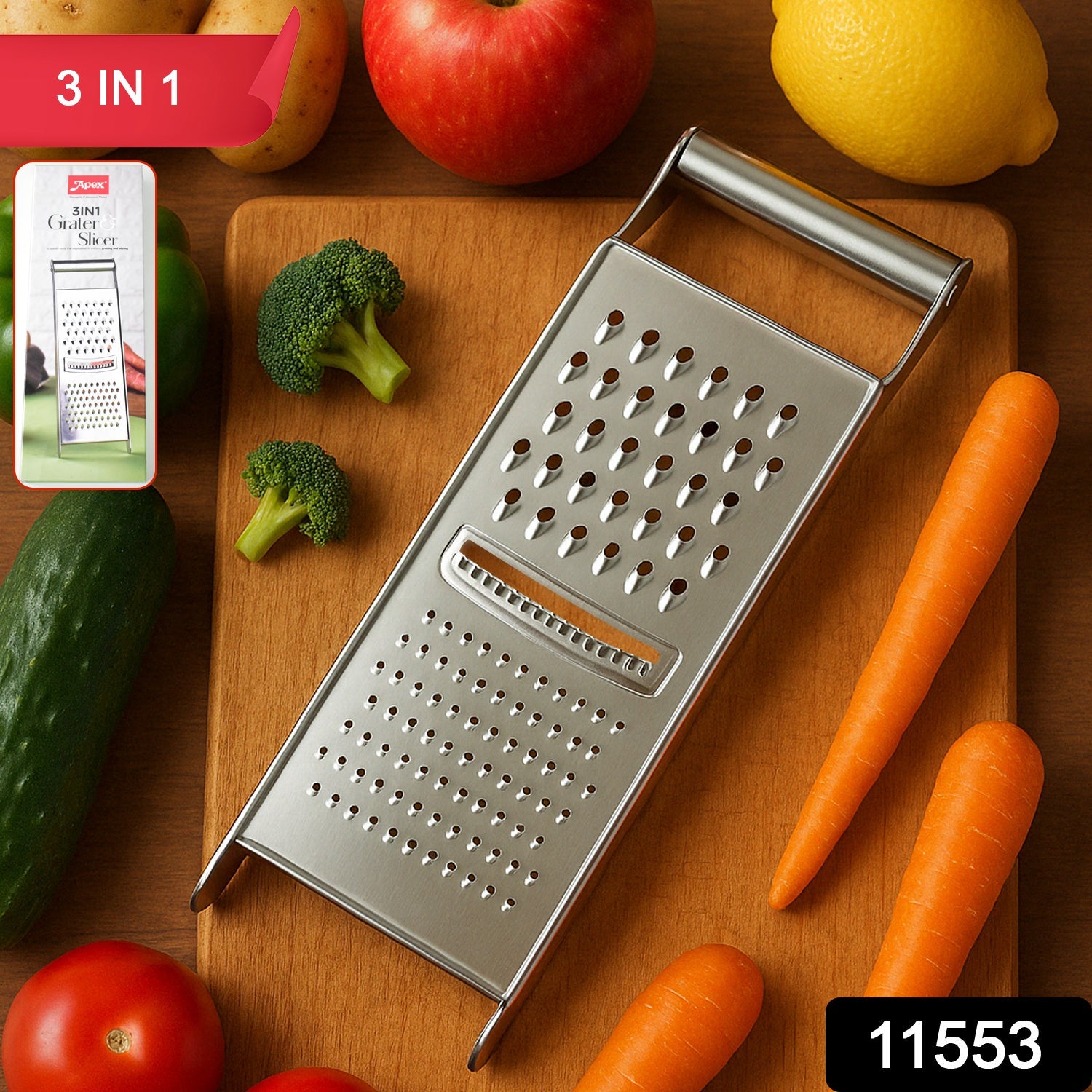 Close-up of Apex stainless steel grater and slicer blades for kitchen use