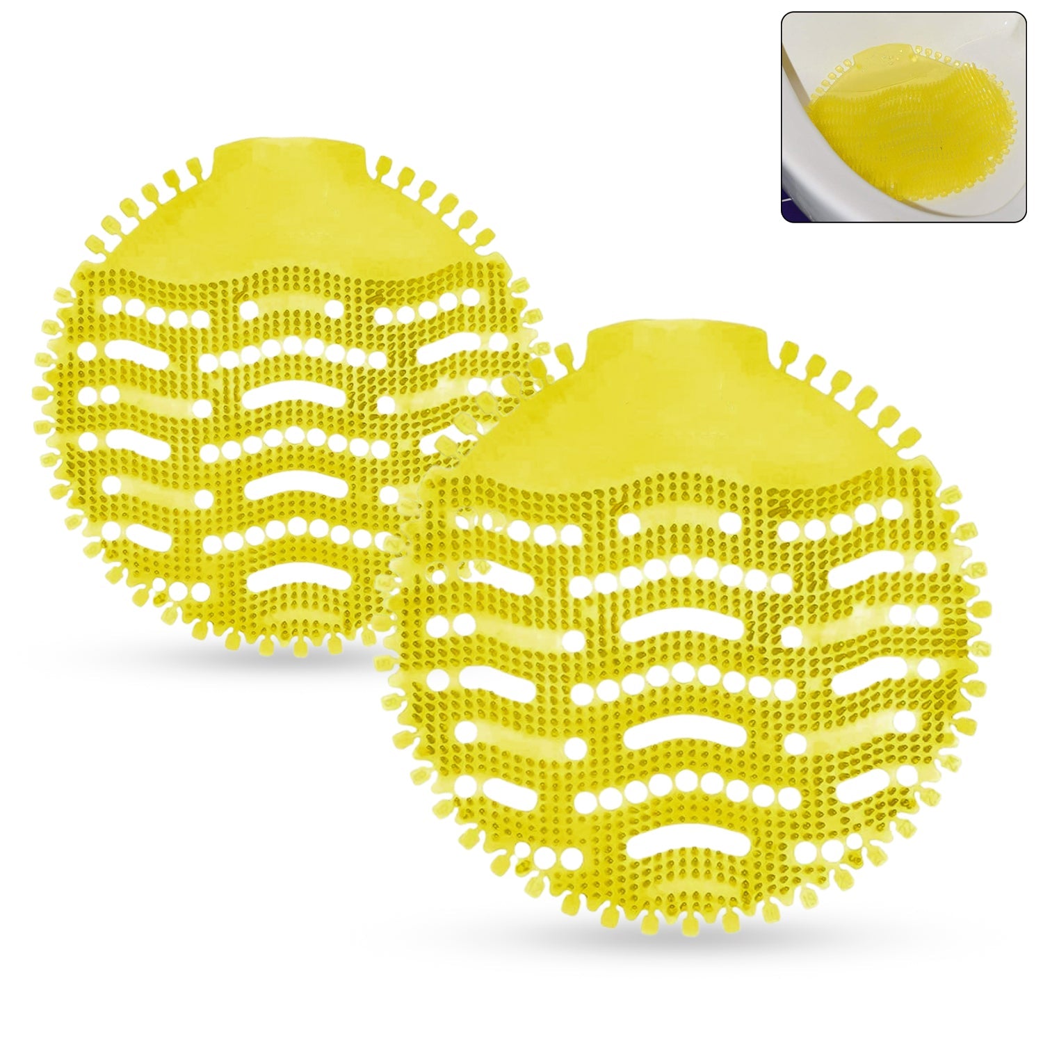 Close-up of urinal screen deodorizer mat showcasing anti-splash design and flexible fit.