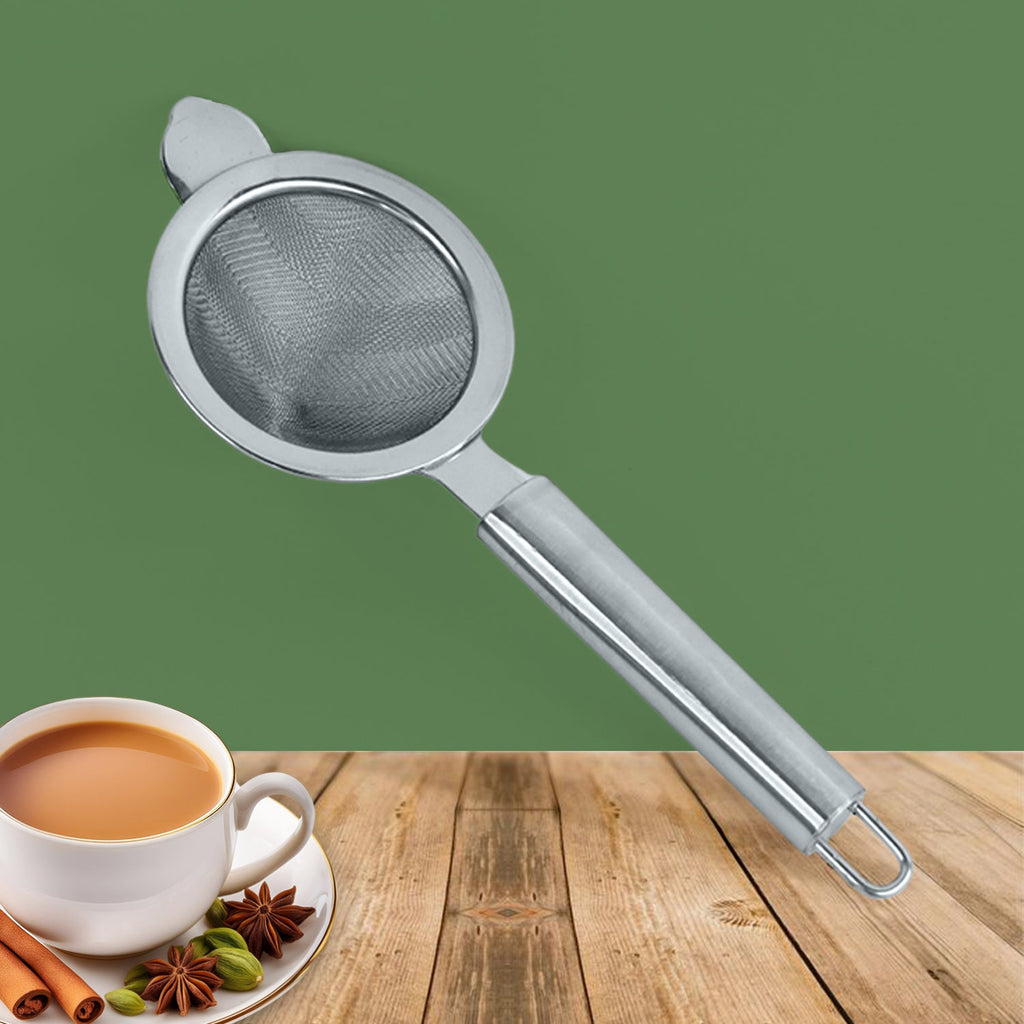 Stainless steel tea strainer with conical shape and pipe handle
