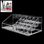 Front view of acrylic makeup and jewelry organizer with sixteen compartments
