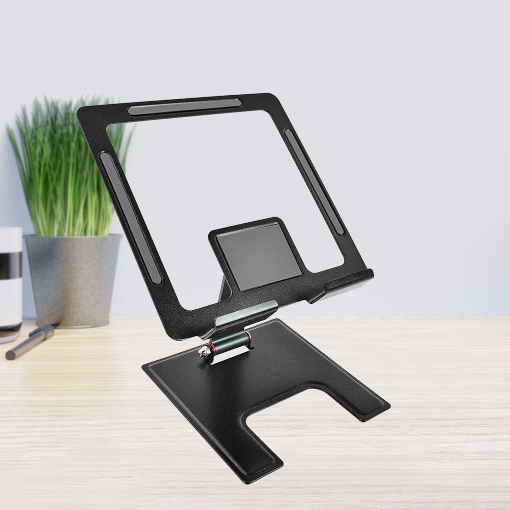 Sleek aluminium adjustable phone stand supporting a smartphone for hands-free viewing.
