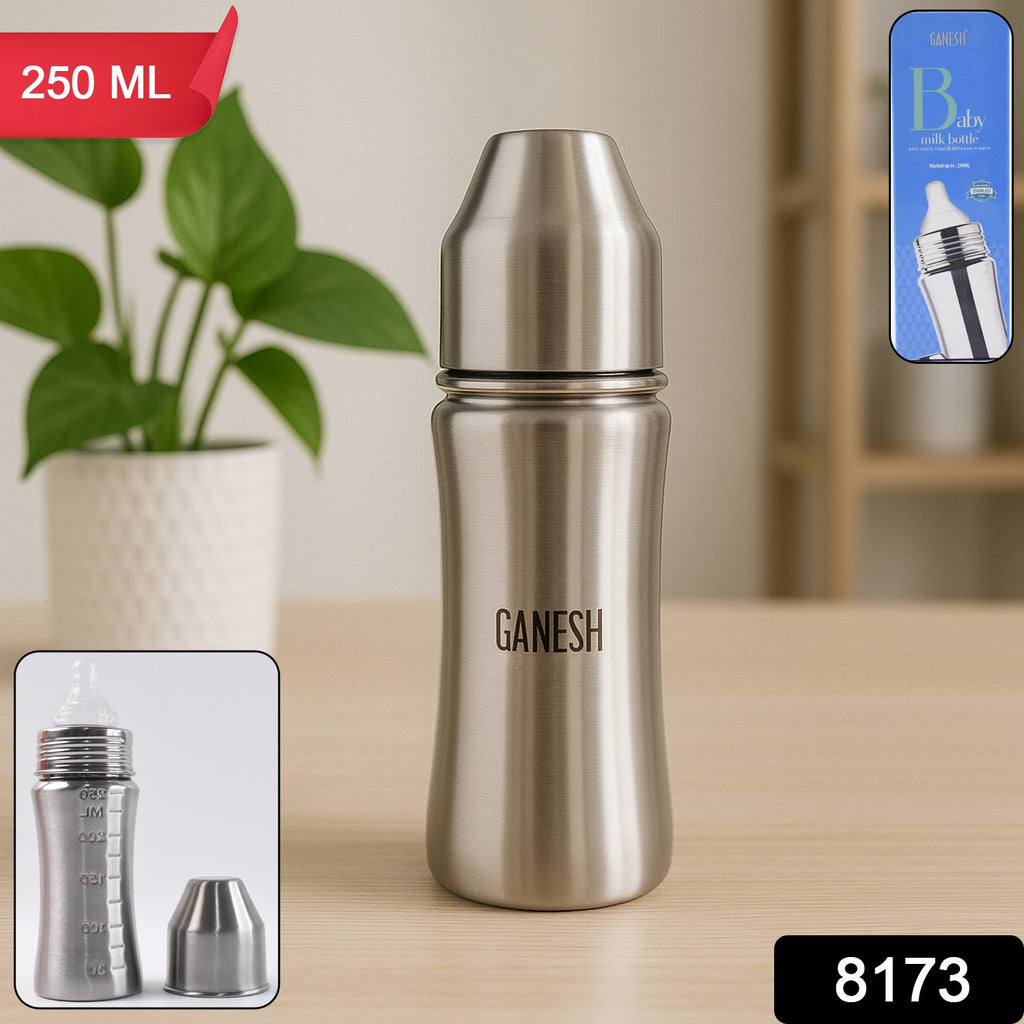 Ergonomic design of the Ganesh stainless steel baby feeding bottle for easy grip.