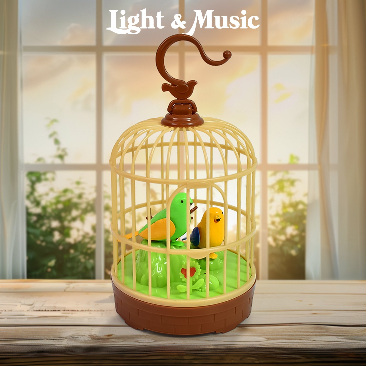 Sound-activated chirping bird toy in a decorative hanging cage with LED lights.