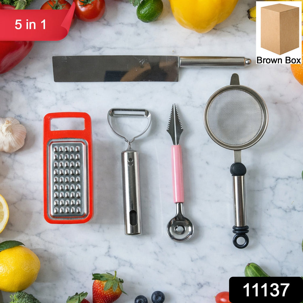 Full view of the compact 5-in-1 multipurpose kitchen tool set on countertop