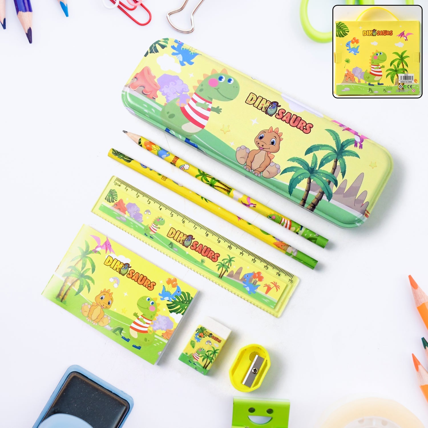 Dinosaur kids stationery set featuring pencil box and all accessories in vibrant dinosaur print