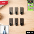 Set of 6 self adhesive wall hooks neatly arranged