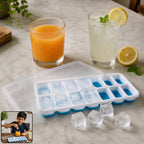 Plastic ice cube tray with 14 compartments and lid, ideal for freezing ice and treats