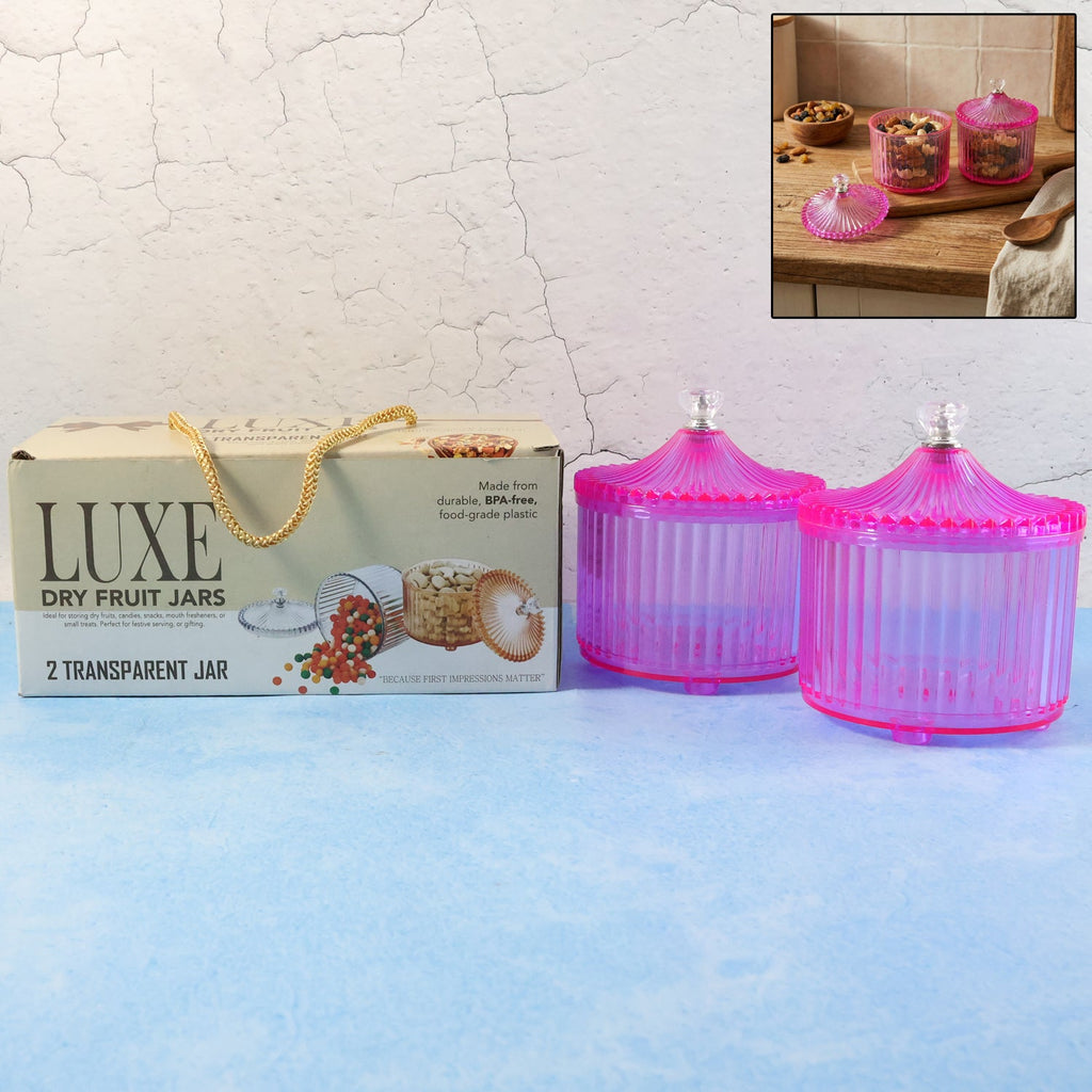 Luxury transparent plastic dry fruit storage jar set with decorative lids