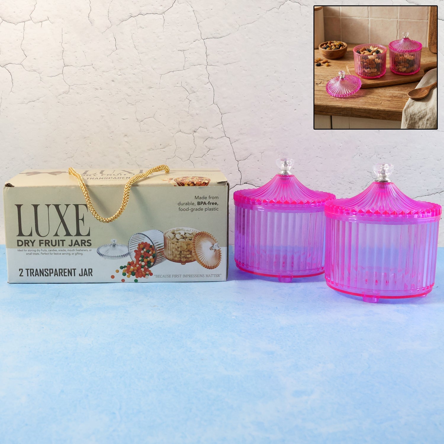 Luxury transparent plastic dry fruit storage jar set with decorative lids