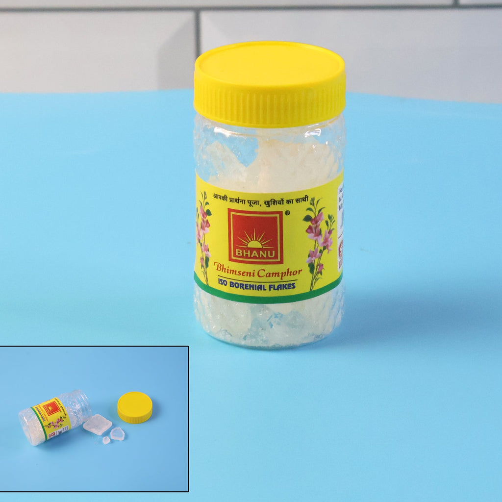 Jar of Bhimseni Camphor ISO Borneol flakes for home pooja and fragrance