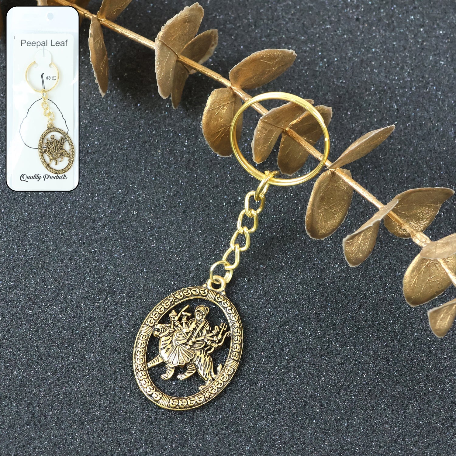 Maa Durga Golden Oval Frame Keychain with detailed idol in gold metal