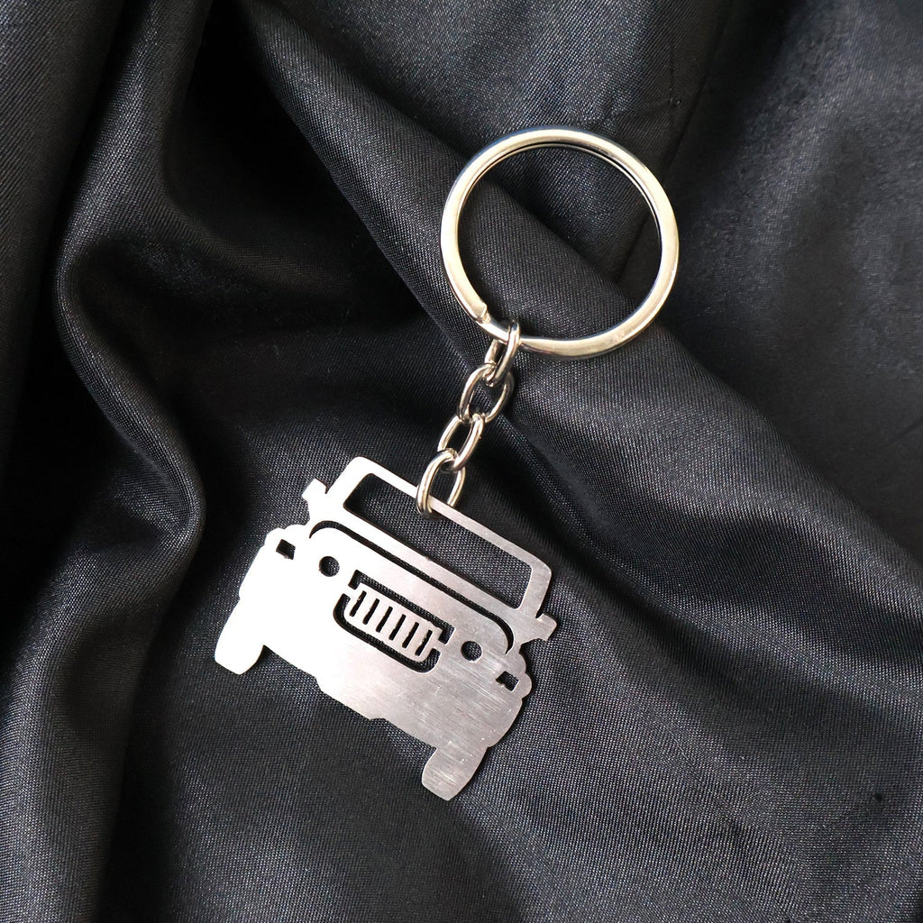 Metal Jeep shape keychain with polished stainless steel finish