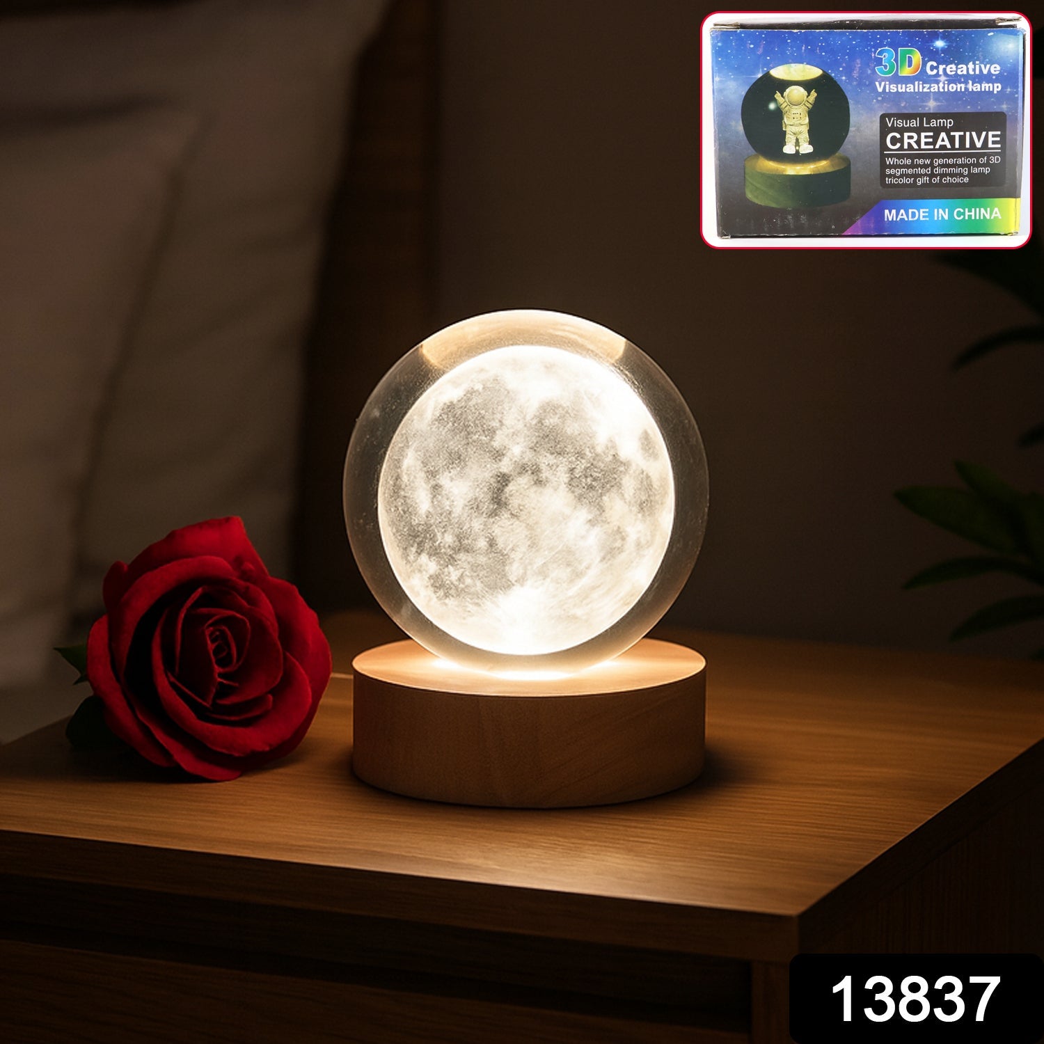 Close-up of the illuminated 3D Crystal Ball Lamp showcasing its intricate design.