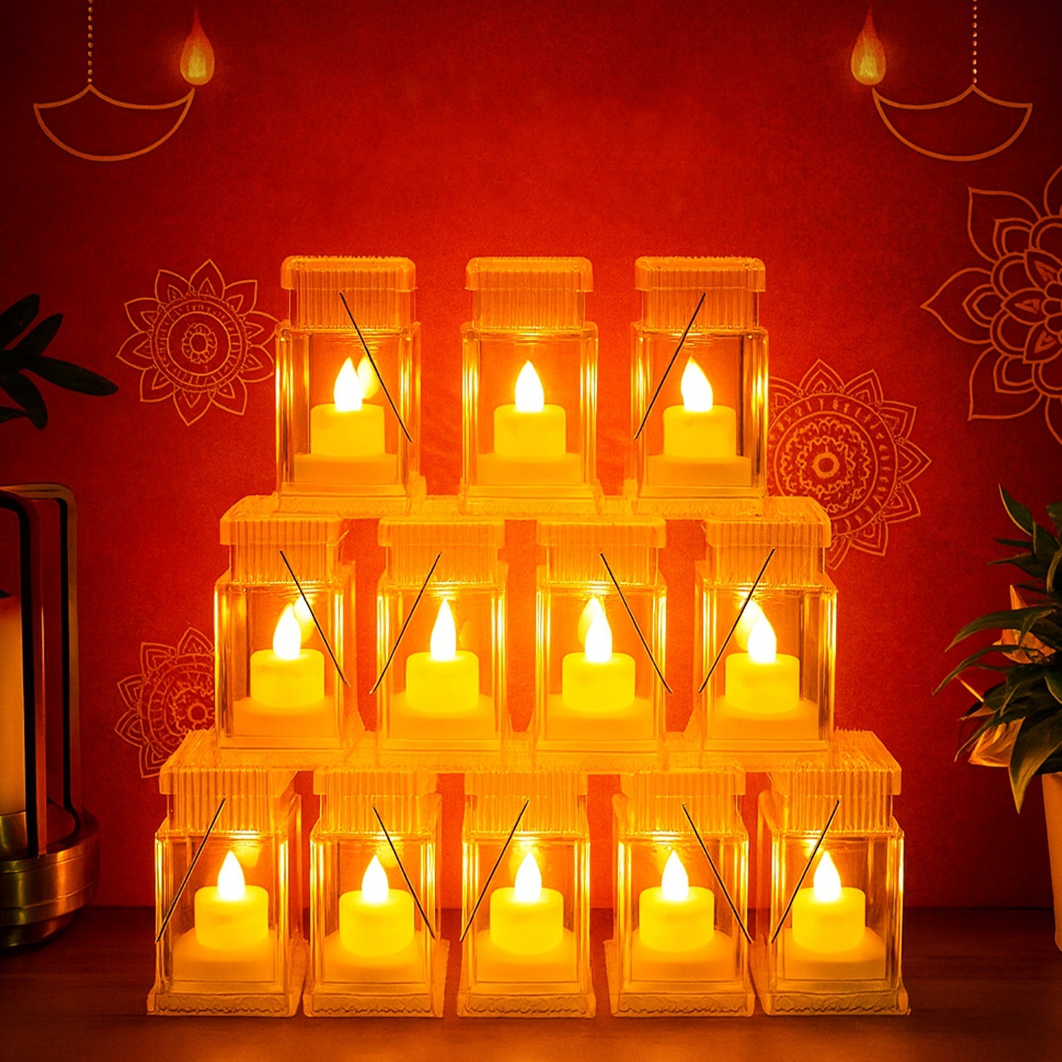 Set of 12 LED storm lantern decorative lights glowing warmly